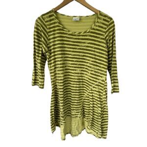 Color Me 100% Cotton CMC Stripe Quarter Sleeve Front Shark Bite Hem Hi-Lo Tunic